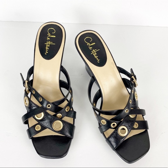 Cole Haan Black Strappy Wedge Leather Sandals - Picture 3 of 12